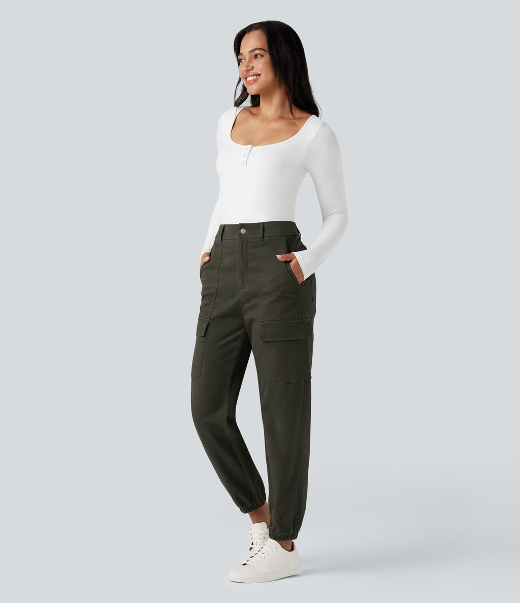 Jogging cargo chino coton taille haute avec poches