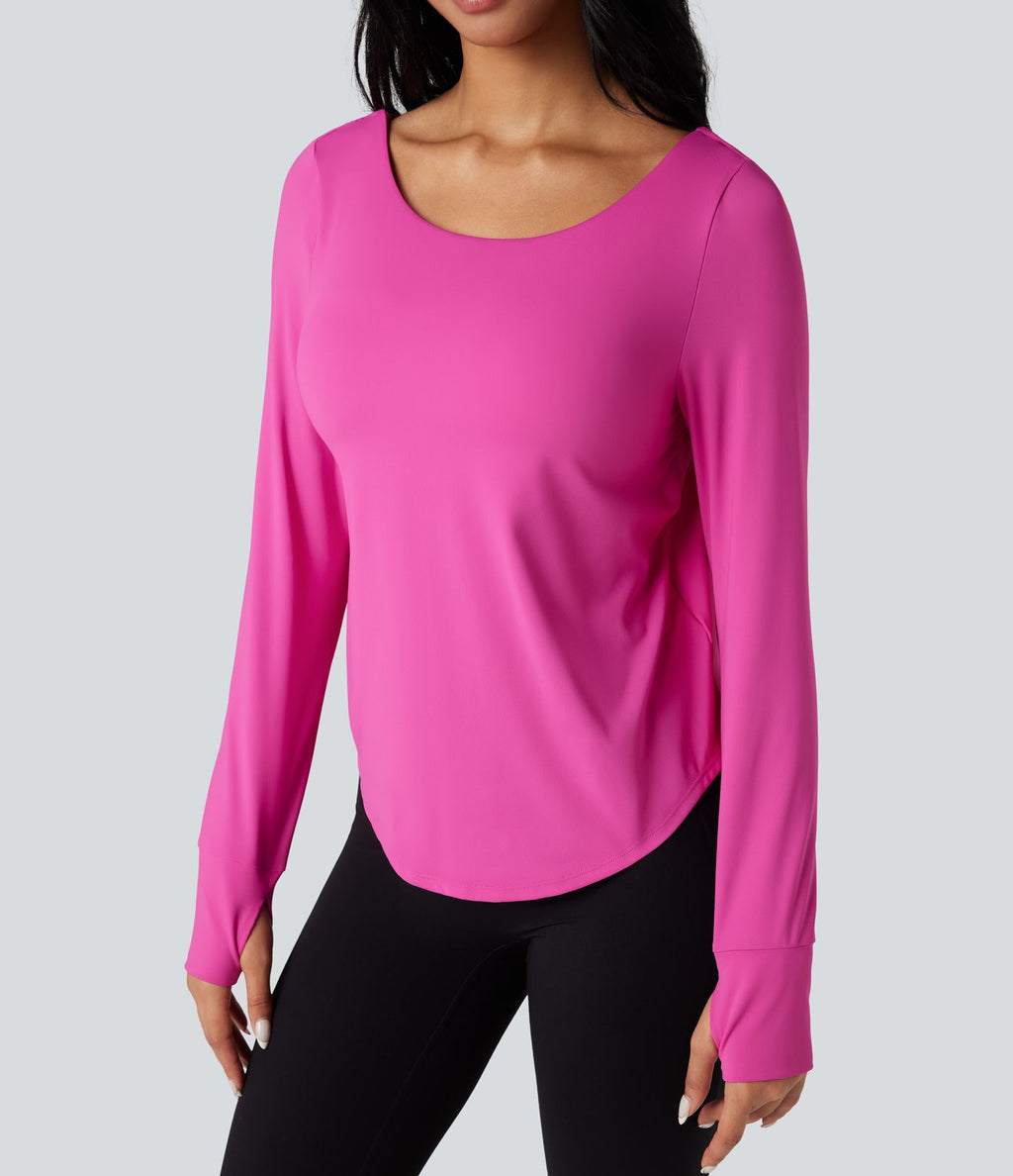 Top de sport yoga 2-en-1 SoftlyZero™ Airy dos nu croisé ourlet arrondi manches longues avec trous pouces - UPF50+