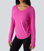 Top de sport yoga 2-en-1 SoftlyZero™ Airy dos nu croisé ourlet arrondi manches longues avec trous pouces - UPF50+