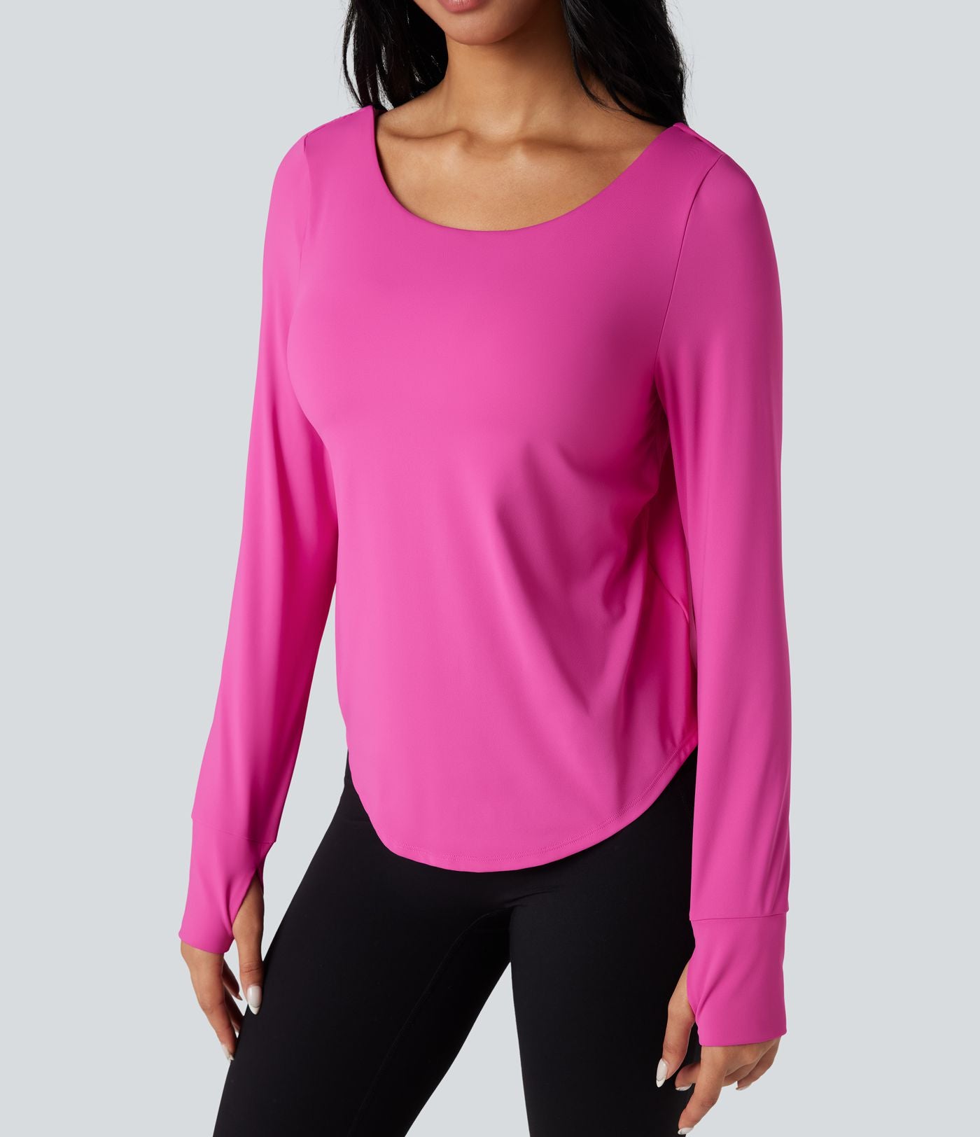Top de sport yoga 2-en-1 SoftlyZero™ Airy dos nu croisé ourlet arrondi manches longues avec trous pouces - UPF50+