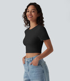Crop-top Halara décontracté en jersey de coton, col rond, manches courtes