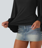 T-shirt côtelé à encolure carrée avec manches 7/8 volantées et fronces