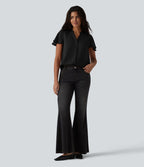 Blouse casual col V à manches volantées et ourlet arrondi