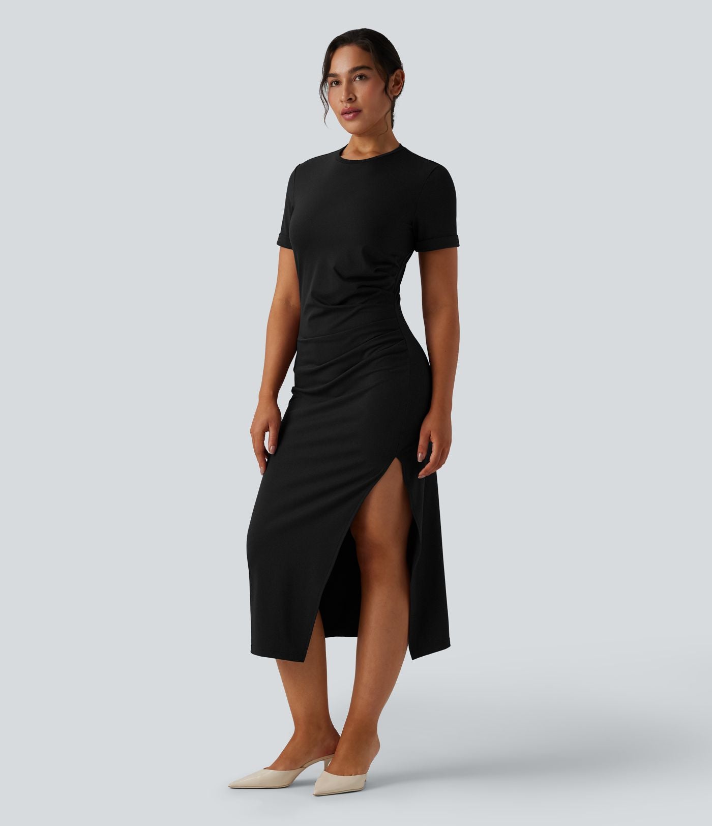 Robe midi décontractée col rond manches courtes