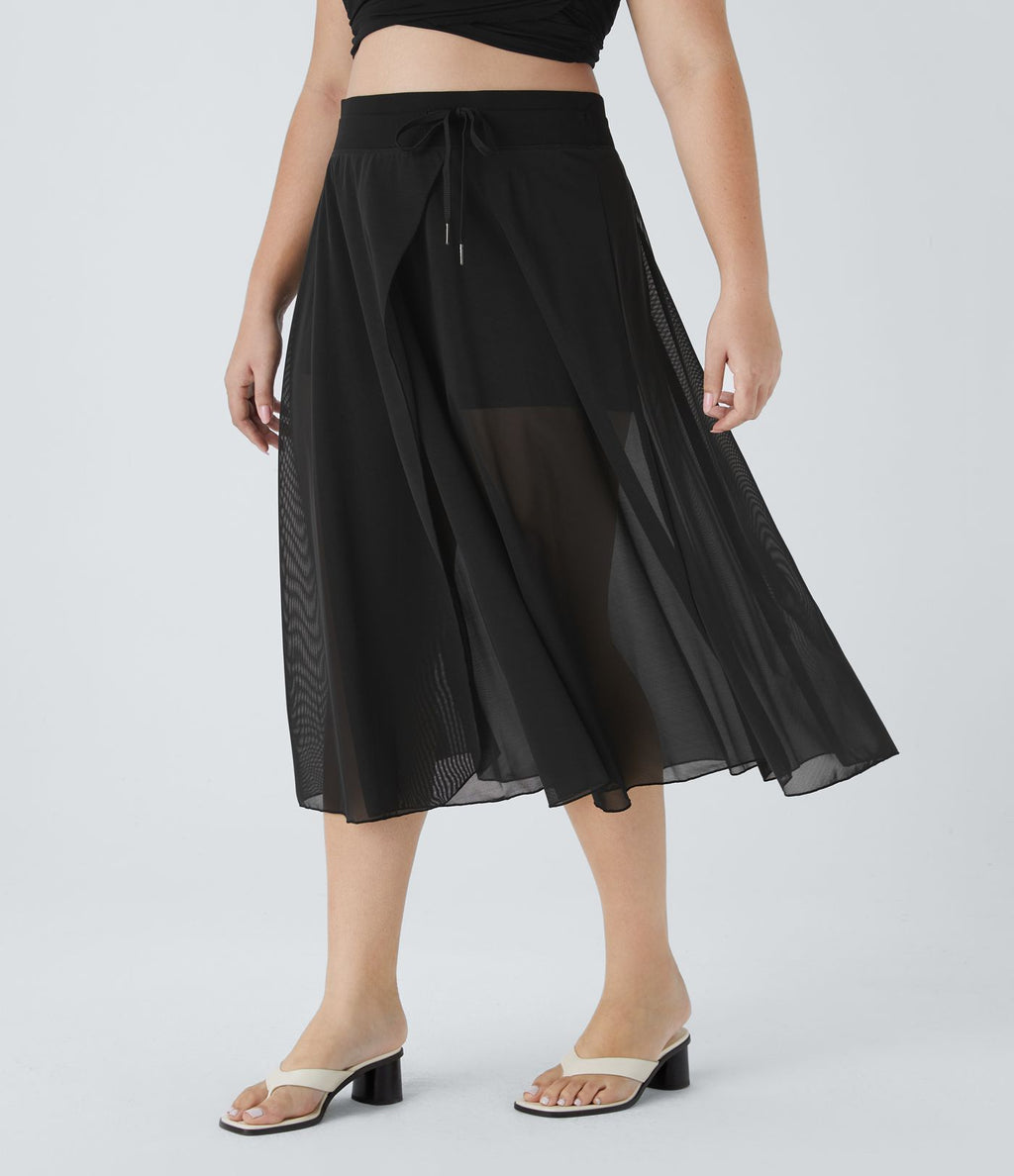 Jupe Taille Haute 2 En 1 En Maille Contrastée Avec Cordon De Serrage Et Poche Latérale Fluide Evasée Casual Grande Taille