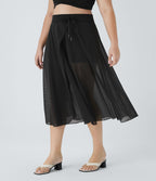Jupe Taille Haute 2 En 1 En Maille Contrastée Avec Cordon De Serrage Et Poche Latérale Fluide Evasée Casual Grande Taille