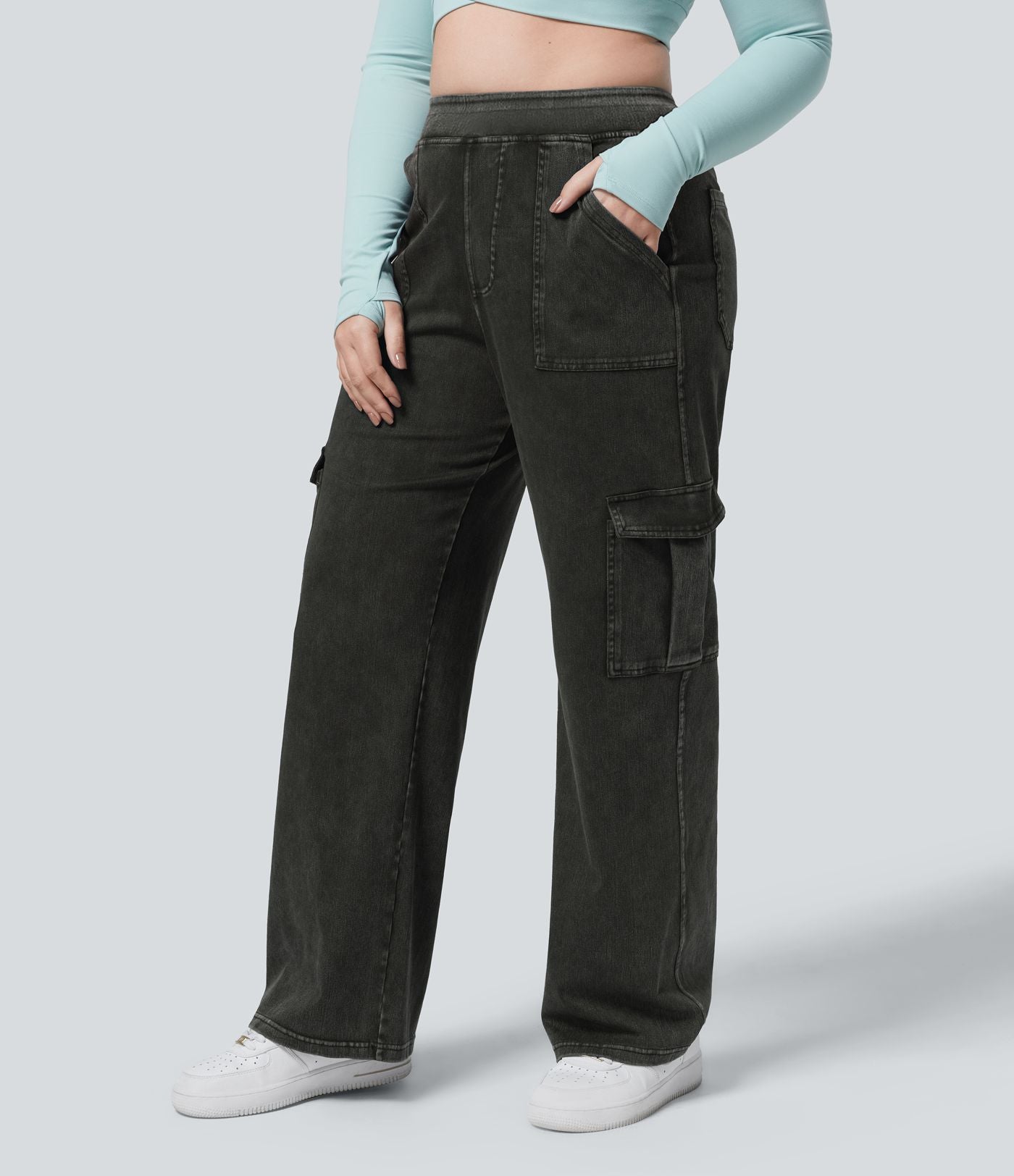Halara Flex™ Jean Droite Cargo Taille Mi-Haute Multiples Poches Décontracté Extensible Droite Grande Taille