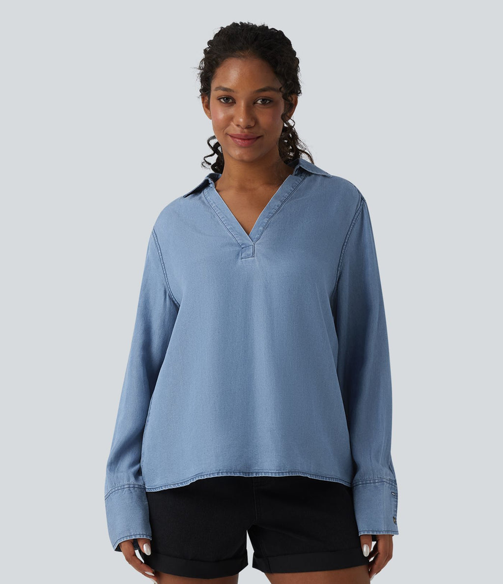 Blouse casual denim en lyocell col V manches longues