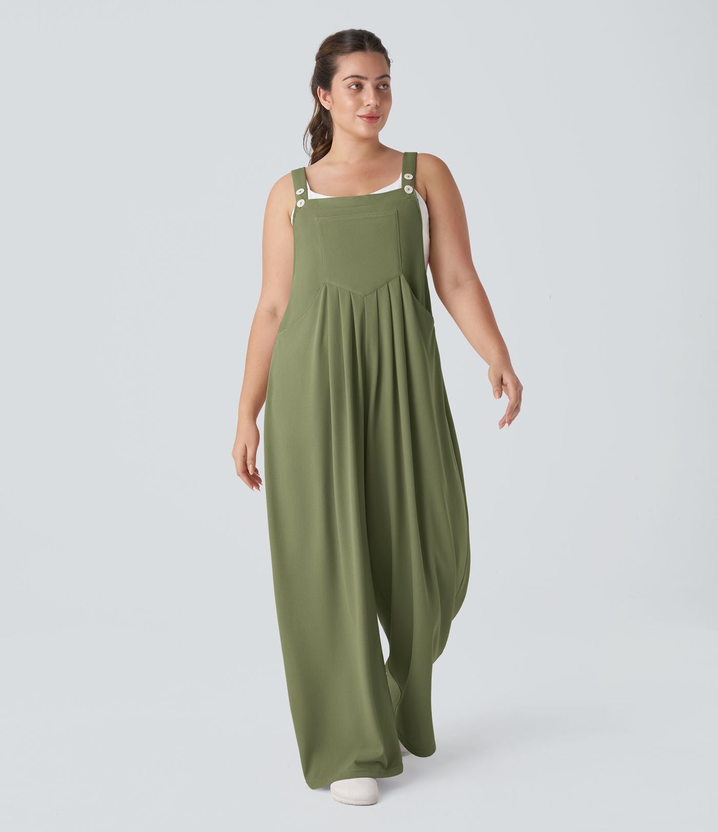 Salopette Casual Grande Taille en Gaufré avec Bretelles Ajustables Boutons et Poches Multiples