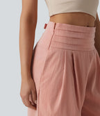Pantalon large casual aspect lin taille très haute smocké réglable avec poches