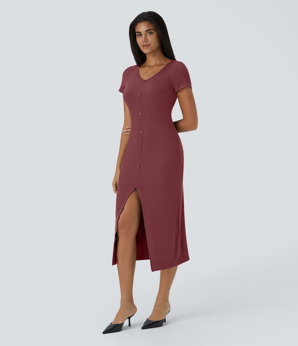 Robe Chill Midi en Tricot Côtelé à Encolure en V Boutons et Fente