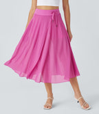 Jupe Casual Évasée Mesh Mi-Longue Fuide 2 en 1 Contrastée Taille Haute Cordon Poche Latérale