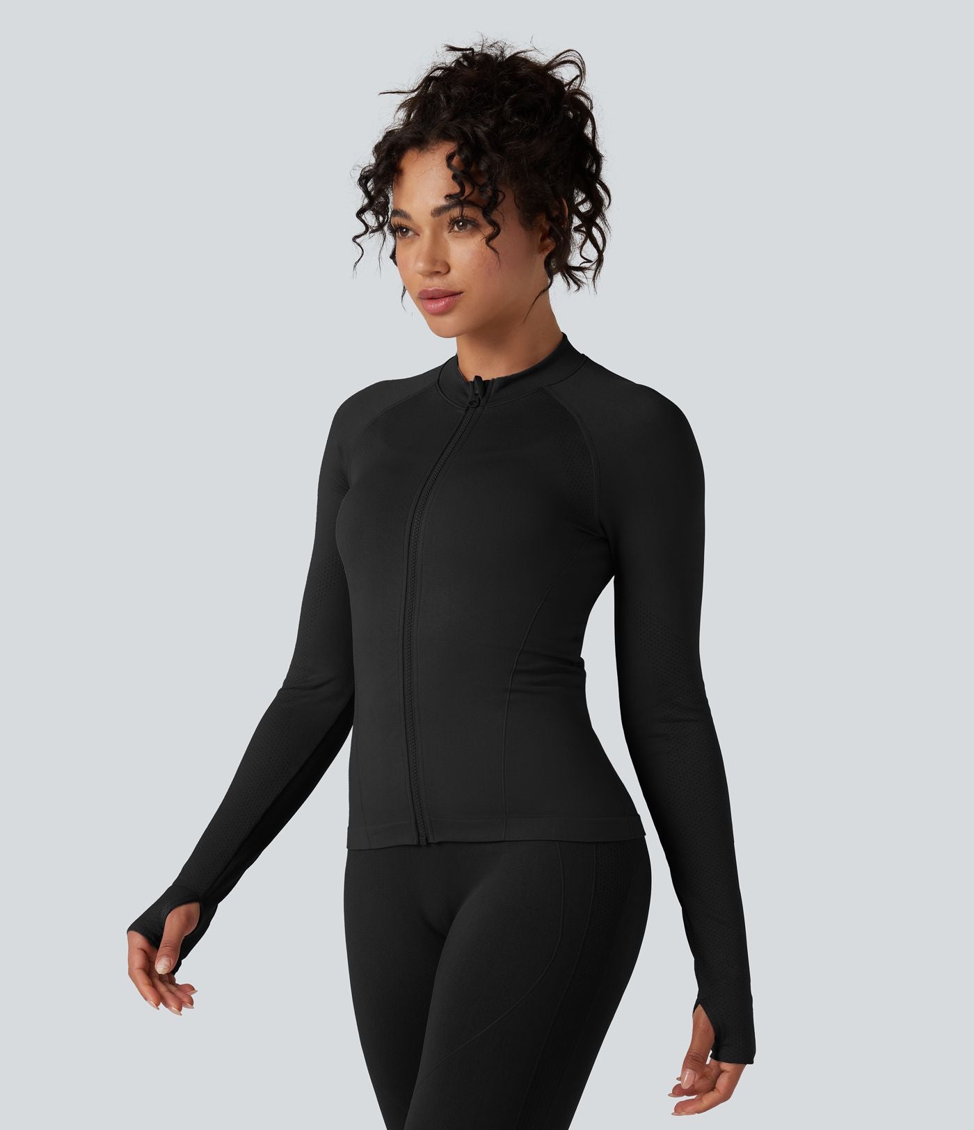 Veste de yoga Seamless Flow à fermeture éclair, manches longues et trous pour les pouces