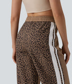 Pantalon ample décontracté taille mi-haute avec cordon de serrage color block rayures léopard contrastant avec poches