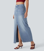 Halara Flex™ Jupe en Jean longue décontractée extensible délavé taille moyenne avec fente et multiples poches