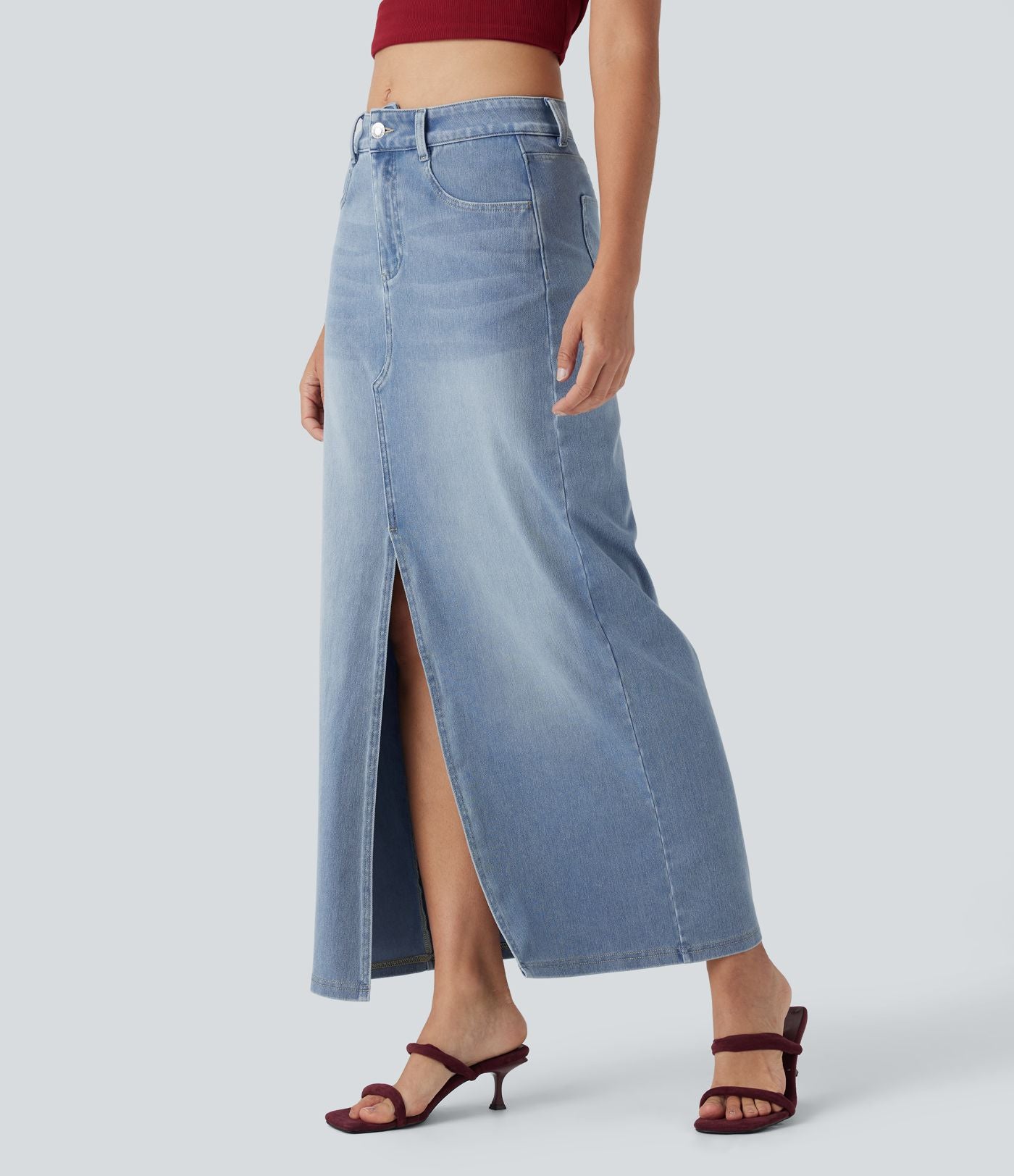 Halara Flex™ Jupe en Jean longue décontractée extensible délavé taille moyenne avec fente et multiples poches