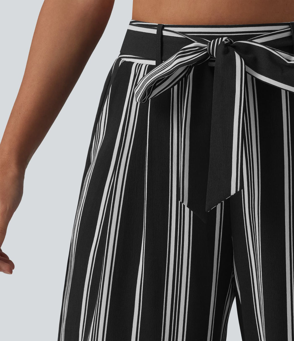 Pantalon large taille haute à rayures avec ceinture et poches