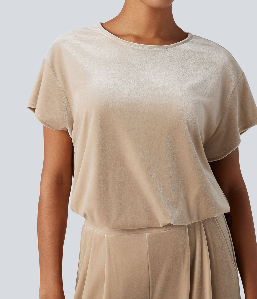 Combinaison tailleur velours col rond manches courtes avec poches