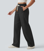 Pantalon large fluide décontracté en lin mélangé taille haute avec cordon de serrage et poches