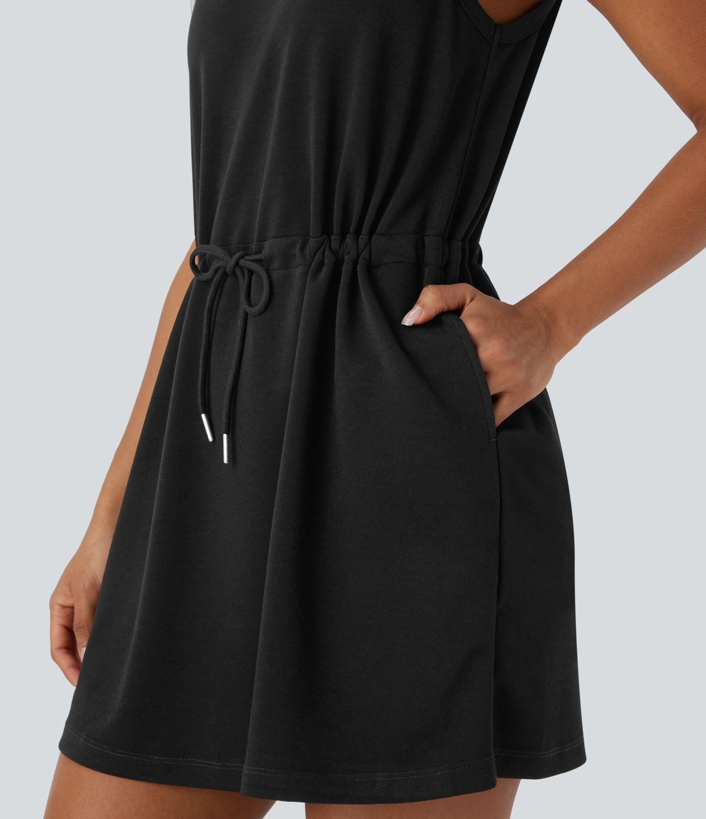 Robe active de yoga mini 2 pièces à col rond, sans manches, cordon de serrage et poches latérales