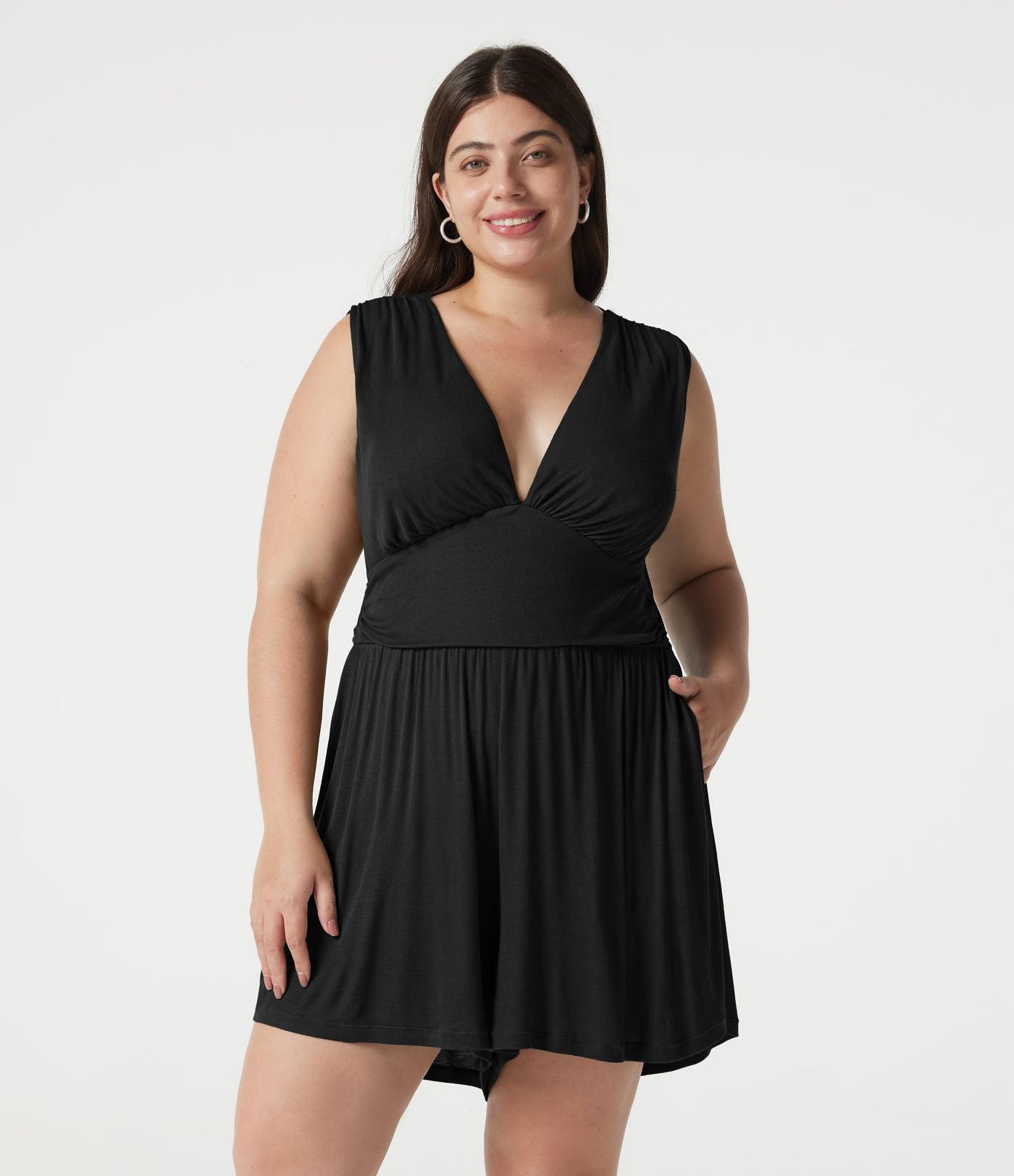 Combishort casual grande taille froncé côtelé sans manches à col V avec brassière intégrée et poches - Édition Easy Peasy