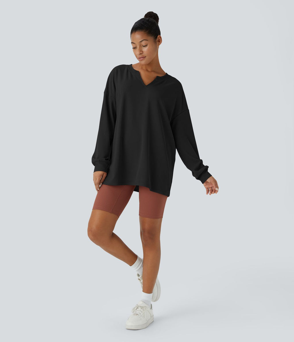 Sweat décontracté en tissu gaufré avec col en V et épaules tombantes