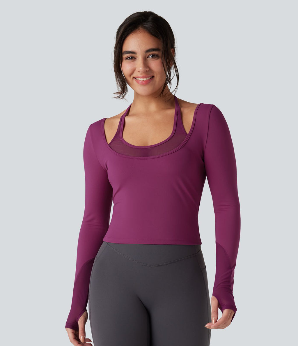 Top de sport yoga SoftlyZero™ Plush dos nu mesh contrastant manches longues avec trous pouces