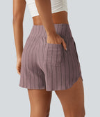 Short casual taille haute ourlet arrondi rayures avec poches