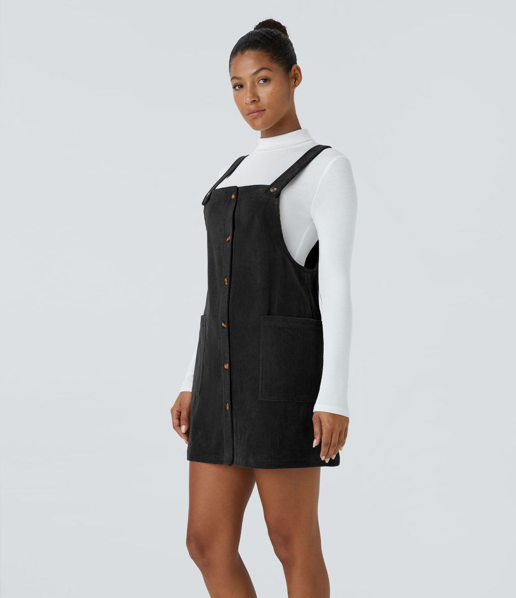Robe salopette courte décontractée en velours côtelé avec bretelles ajustables, boutons et poches latérales