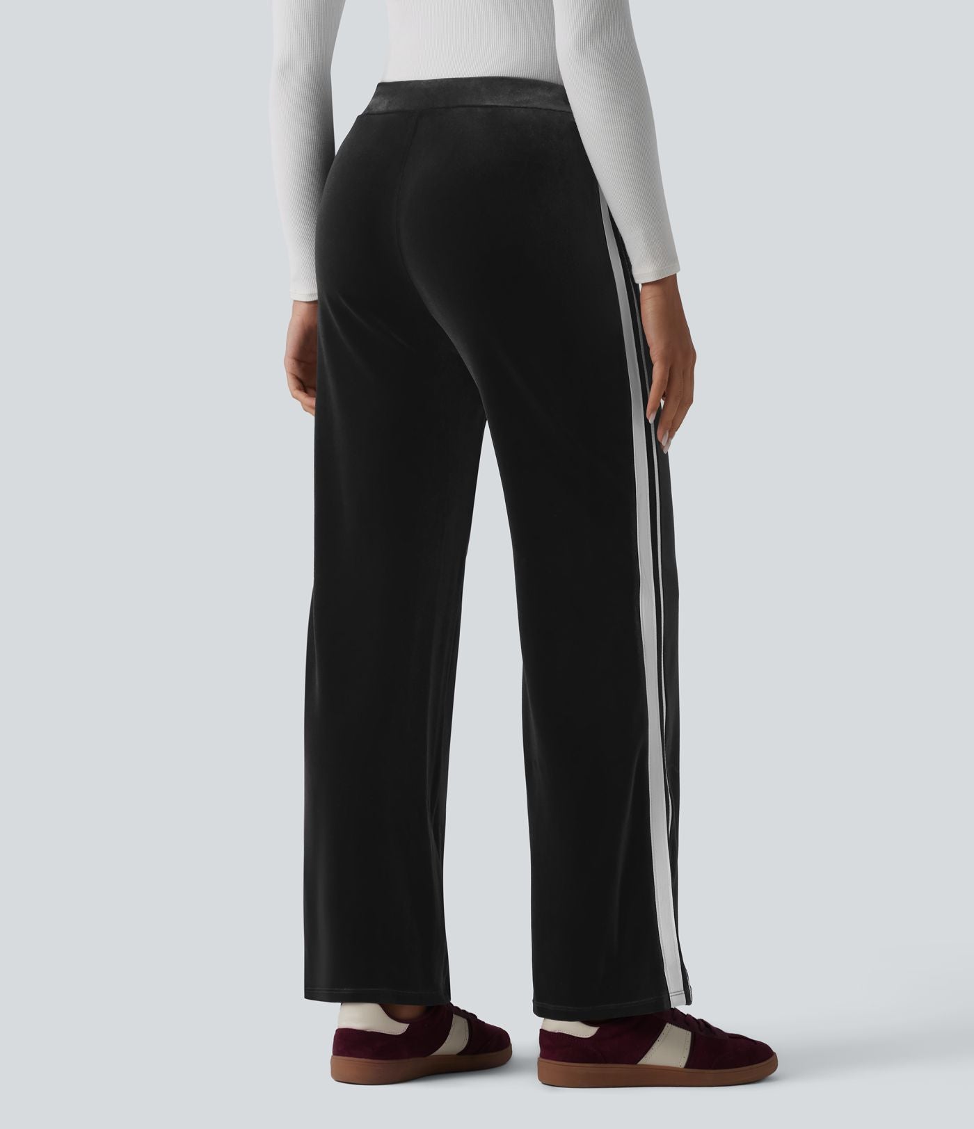 Pantalon évasé en velours taille basse color block à rayures avec poches