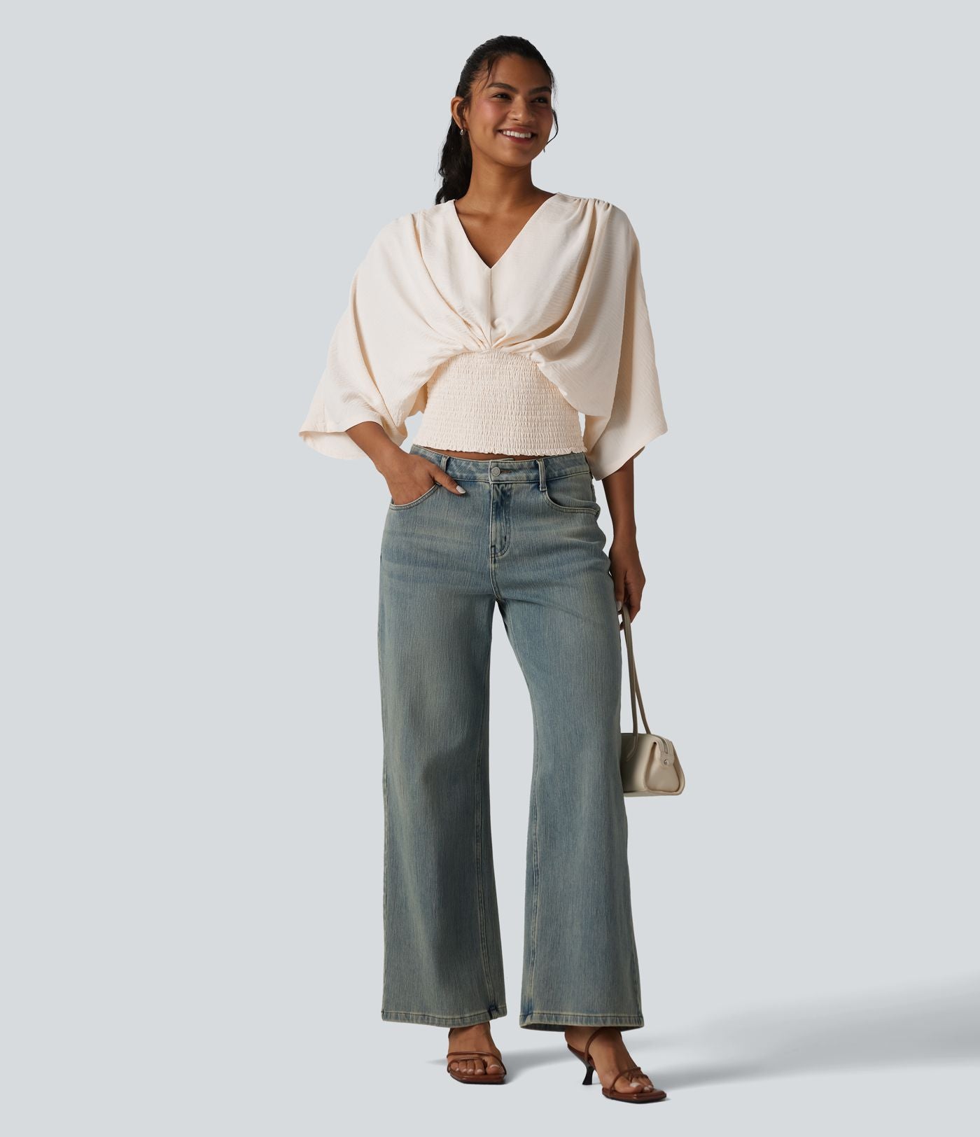 Blouse décontractée effet lin col V, manches chauve-souris et détails froncés