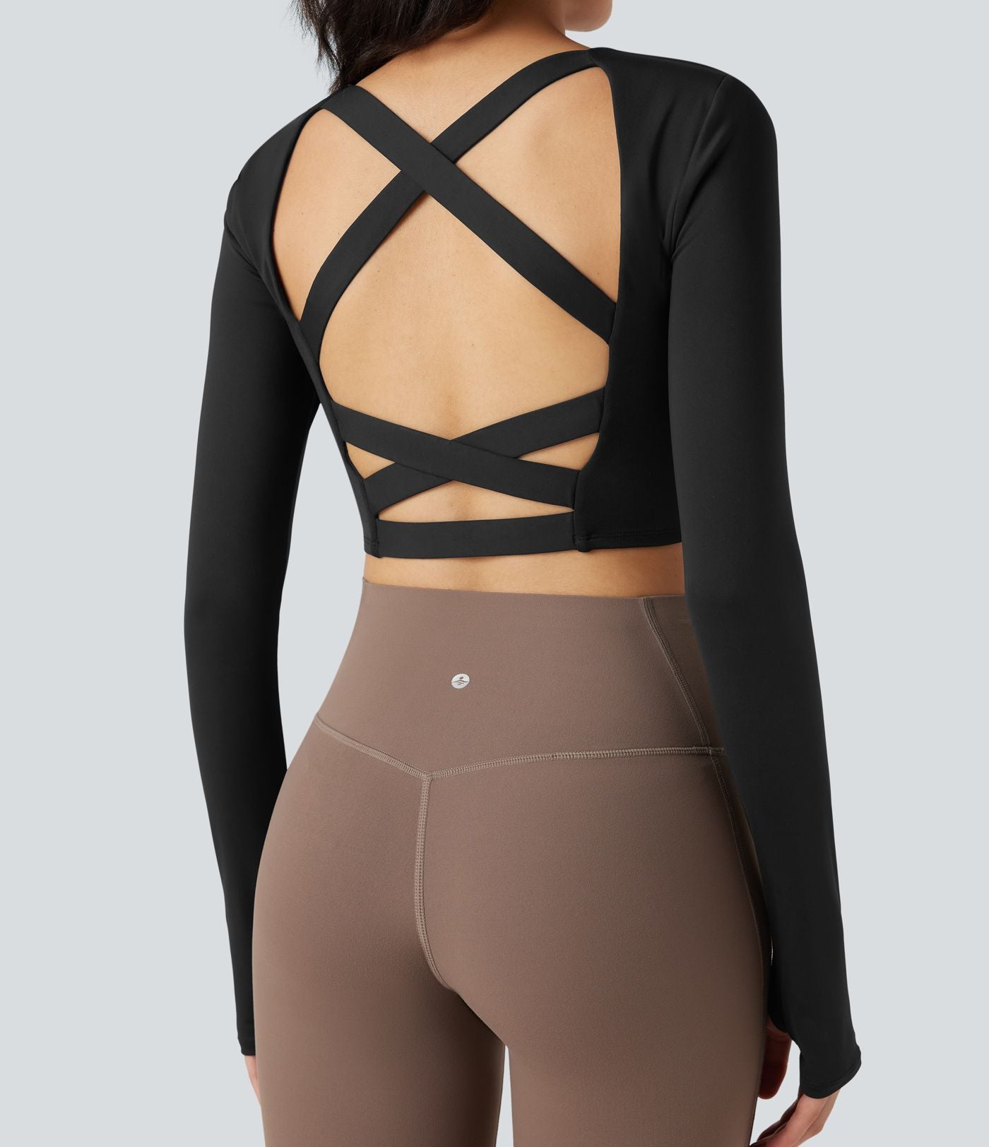 Haut de sport yoga court SoftlyZero™ Airy dos nu croisé col carré effet frais InstantCool manches longues avec passe-pouces, protection solaire UPF50+