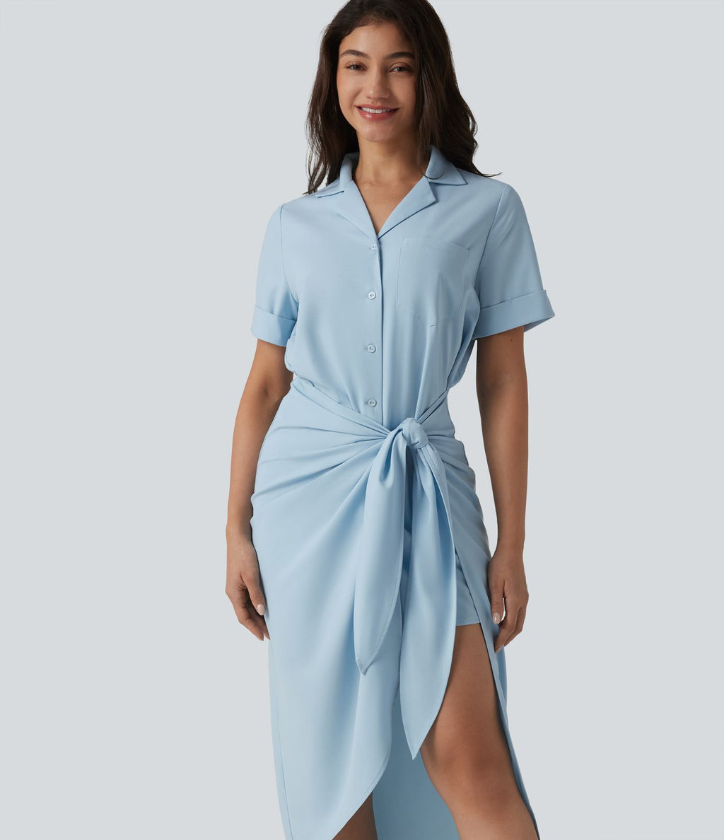 Robe-chemise casual midi en mousseline infroissable manches courtes portefeuille avec nœud frontal et poche