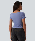T-shirt décontracté col bateau manches courtes froncé
