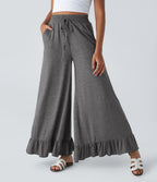 Pantalon Casual à Taille Haute avec Cordon De Serrage Poches Latérales et Volants Jambes Amples