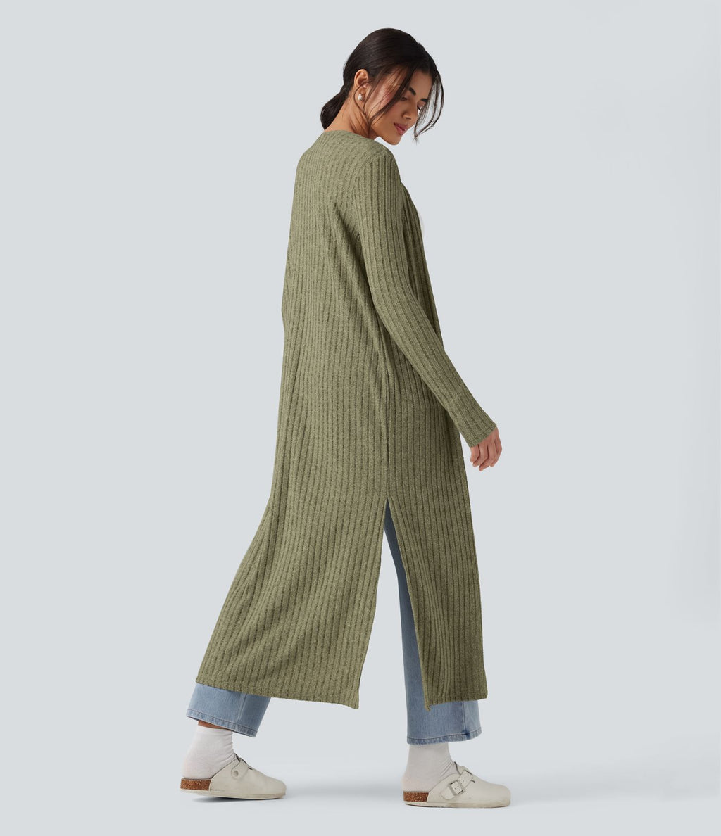 Manteau long décontracté maille côtelée manches longues avec fente