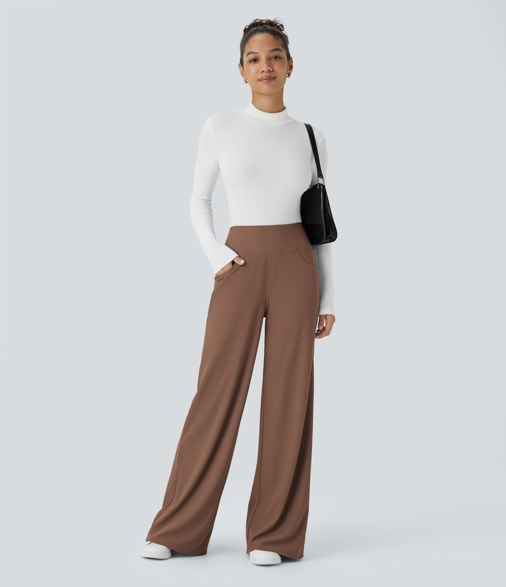 Pantalon tailleur large gainant taille haute en micro-gaufré avec poches Halara Flex™