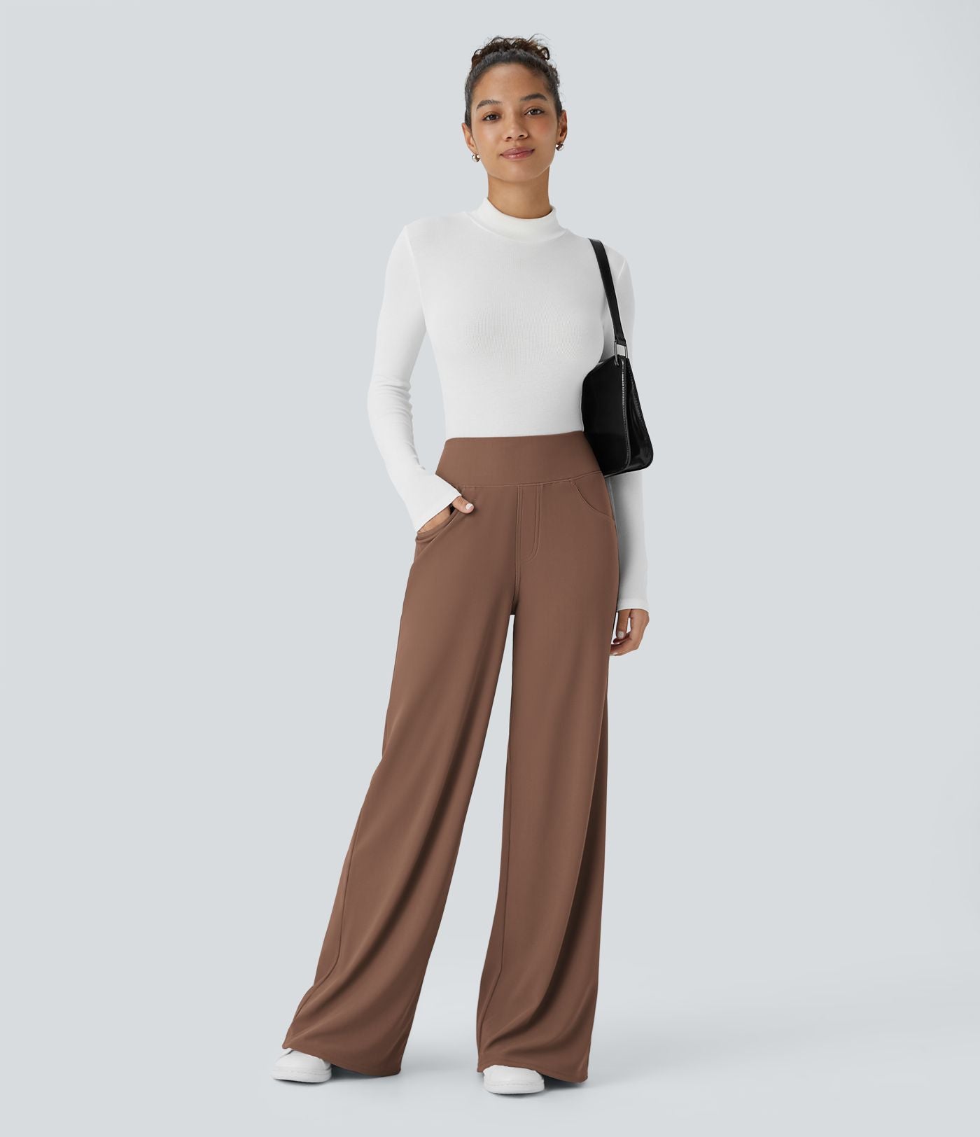 Pantalon tailleur large gainant taille haute en micro-gaufré avec poches Halara Flex™