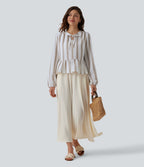 Blouse aspect lin à rayures manches longues ourlet à volants à nouer devant