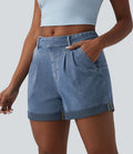 Halara Flex™ Short casual en denim taille mi-haute à ourlet retroussé avec poches