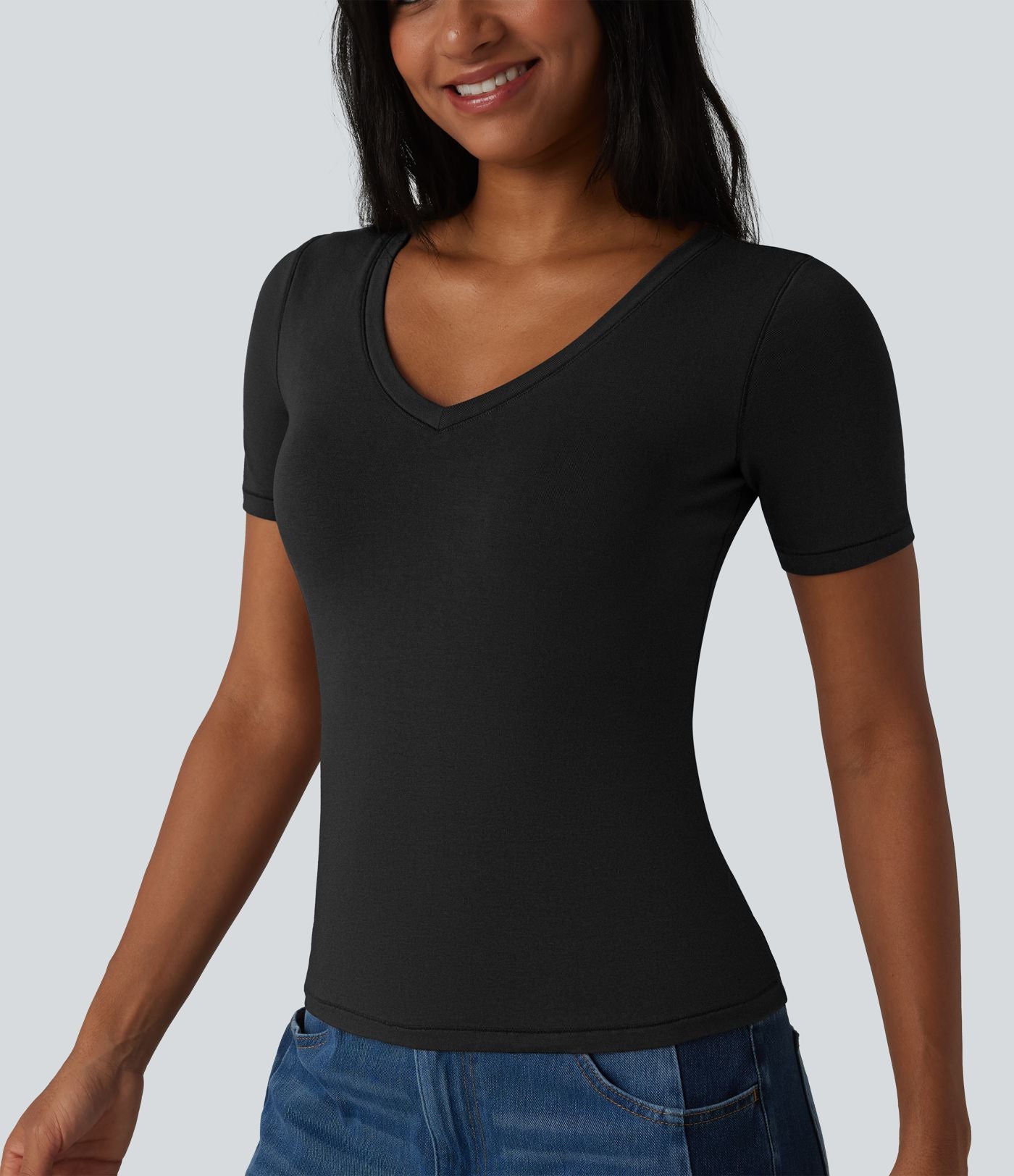 Halara T-shirt décontracté en jersey de coton col V manches courtes avec soutien-gorge intégré bonnets B-DD