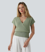 Pull décontracté col V croisé à manches courtes