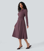 Robe de travail midi manches longues à découpes et dos noué avec poches