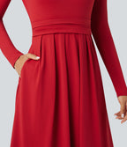 Robe longue décontractée évasée col rond plongeant manches longues avec poches