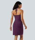 Robe mini de plage à col halter avec brassière intégrée, lien noué au dos et poches