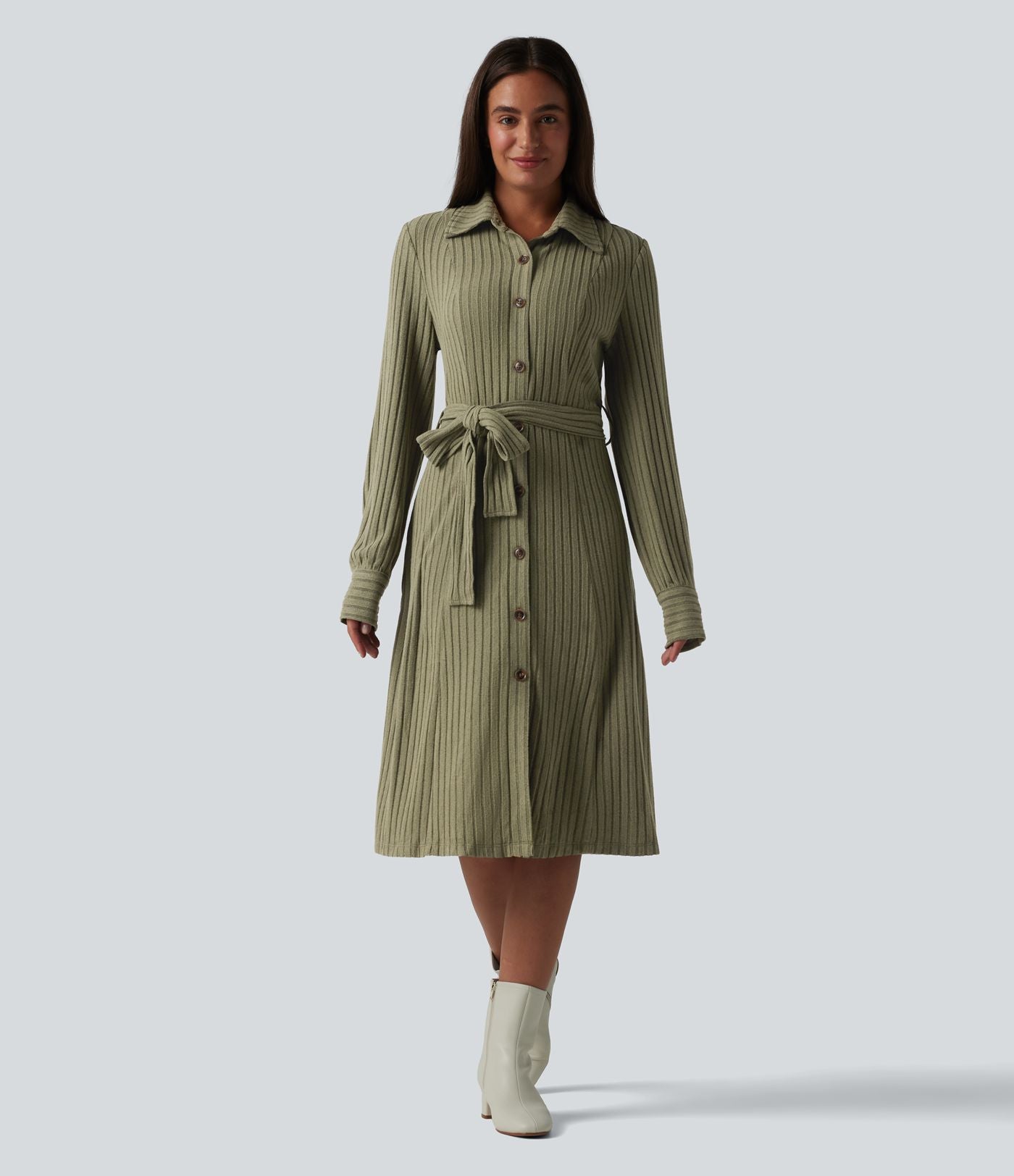 Robe de bureau mi-longue en maille côtelée à manches longues avec ceinture