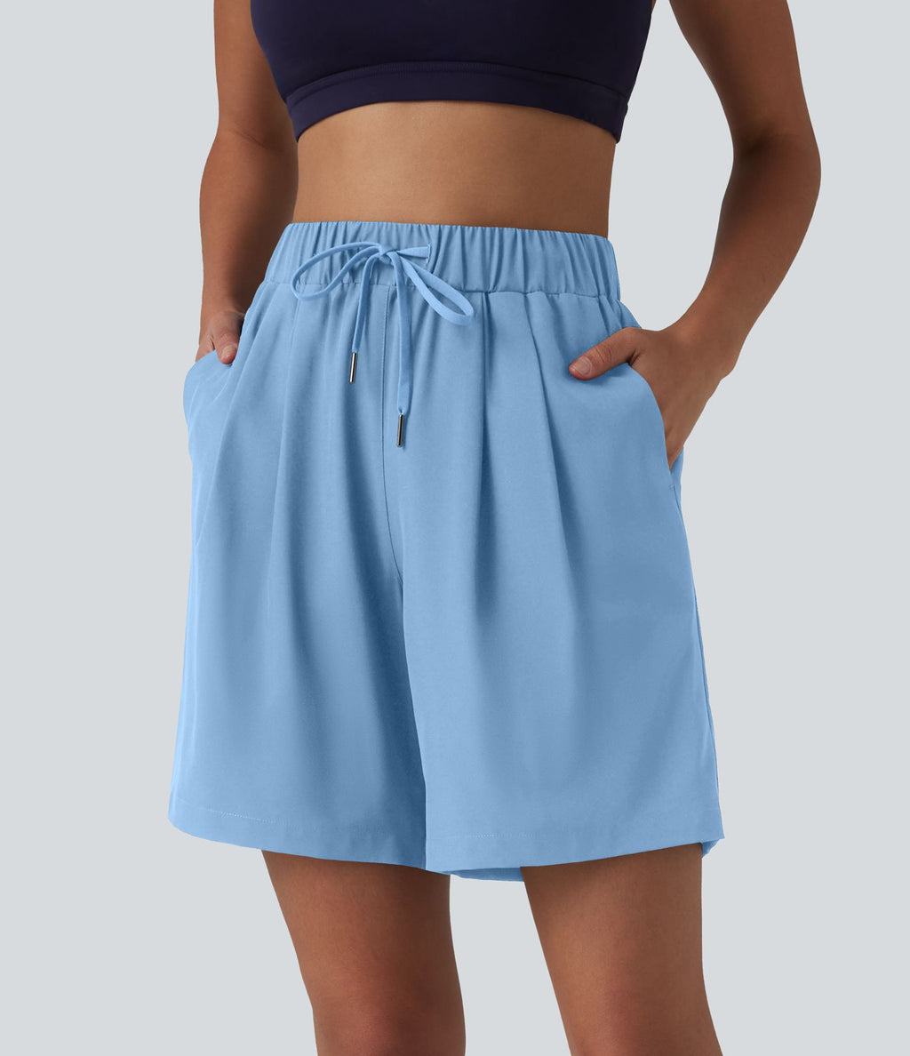 Short de yoga plissé taille haute avec ceinture élastique, cordon de serrage et poches 17,5 cm