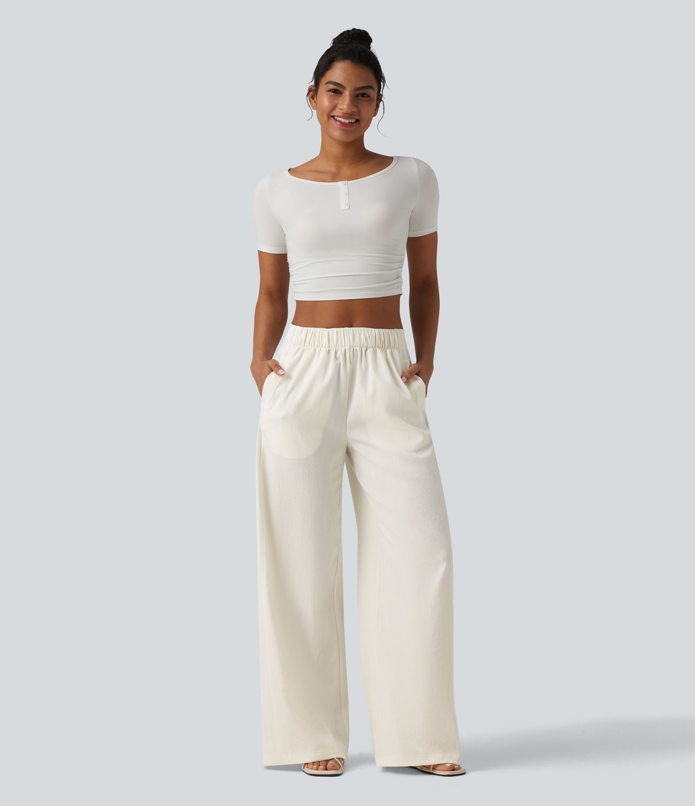 Pantalon casual ample aspect lin taille mi-haute avec poches