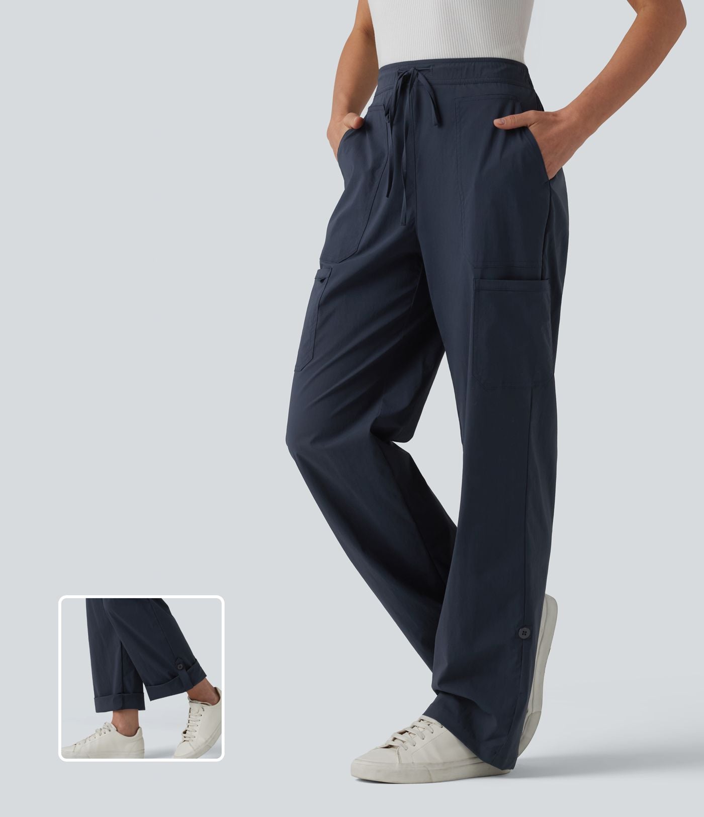 Pantalon cargo droit taille mi-haute avec cordon de serrage, longueur ajustable et poches