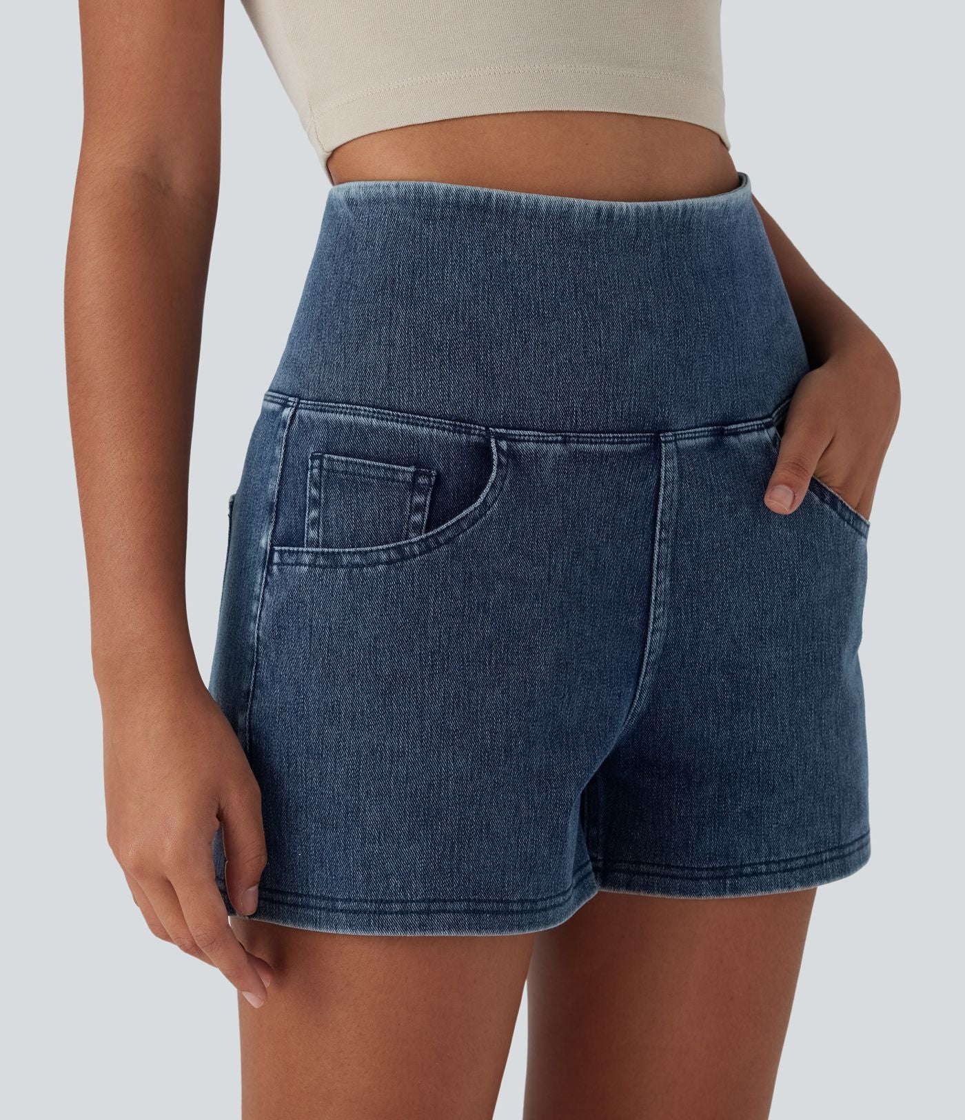 Short 7,5 cm décontracté gainant taille haute effet denim avec poches Halara Flex™
